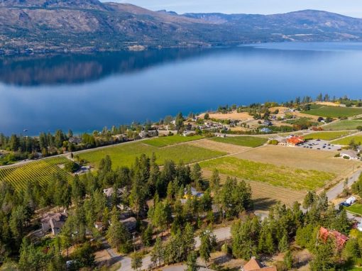 Camp Rd drone view of farms and Okanagan Lake