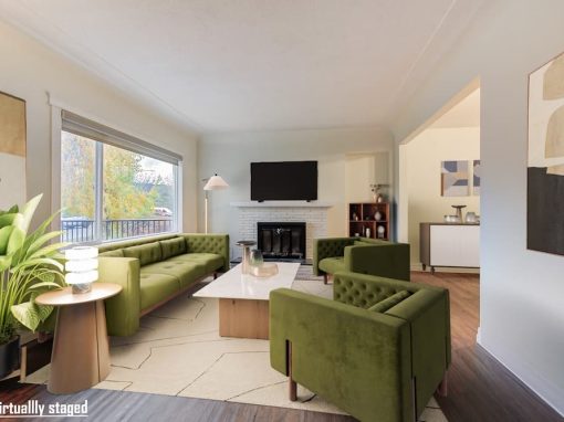 Mountainview staged green couches in living room