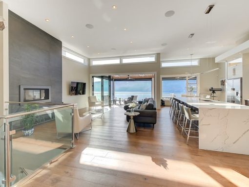 Limestone living room kitchen overlooking lake