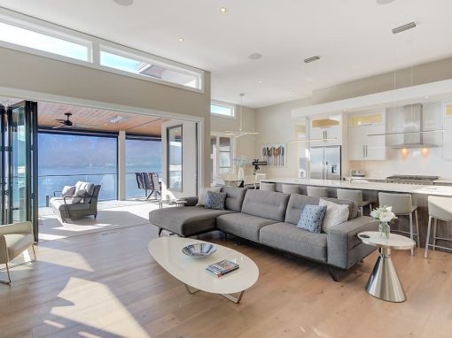 Limestone living room with open patio doors