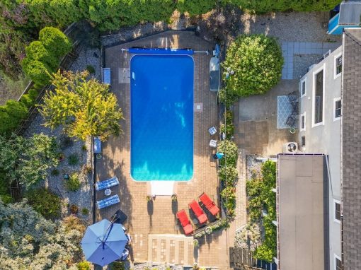 Alameda drone view of backyard pool