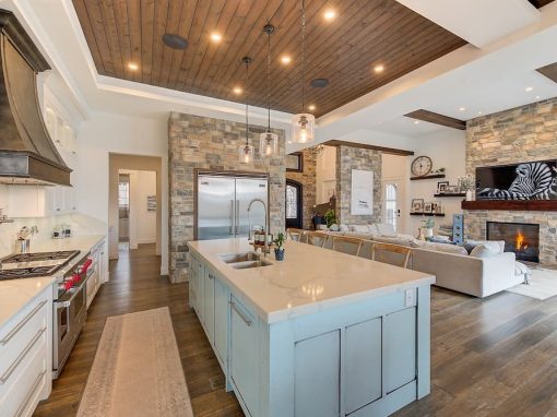 Balldock Main House kitchen overlooking living room